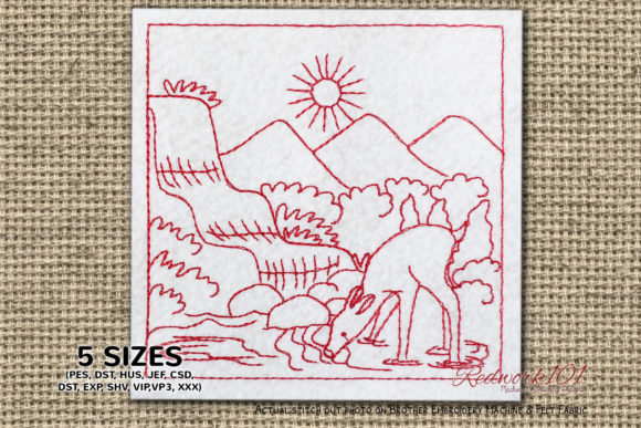 Deer Drinking Water Redwork Embroidery