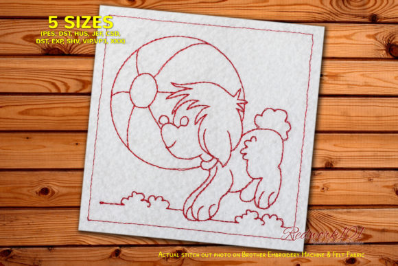 Dog Chasing a Ball Redwork Embroidery